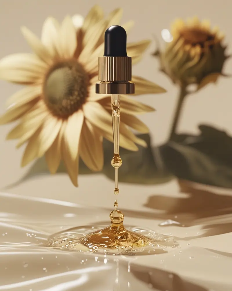 Gota dourada de sérum e pétala de girassol (imagem ilustrativa)