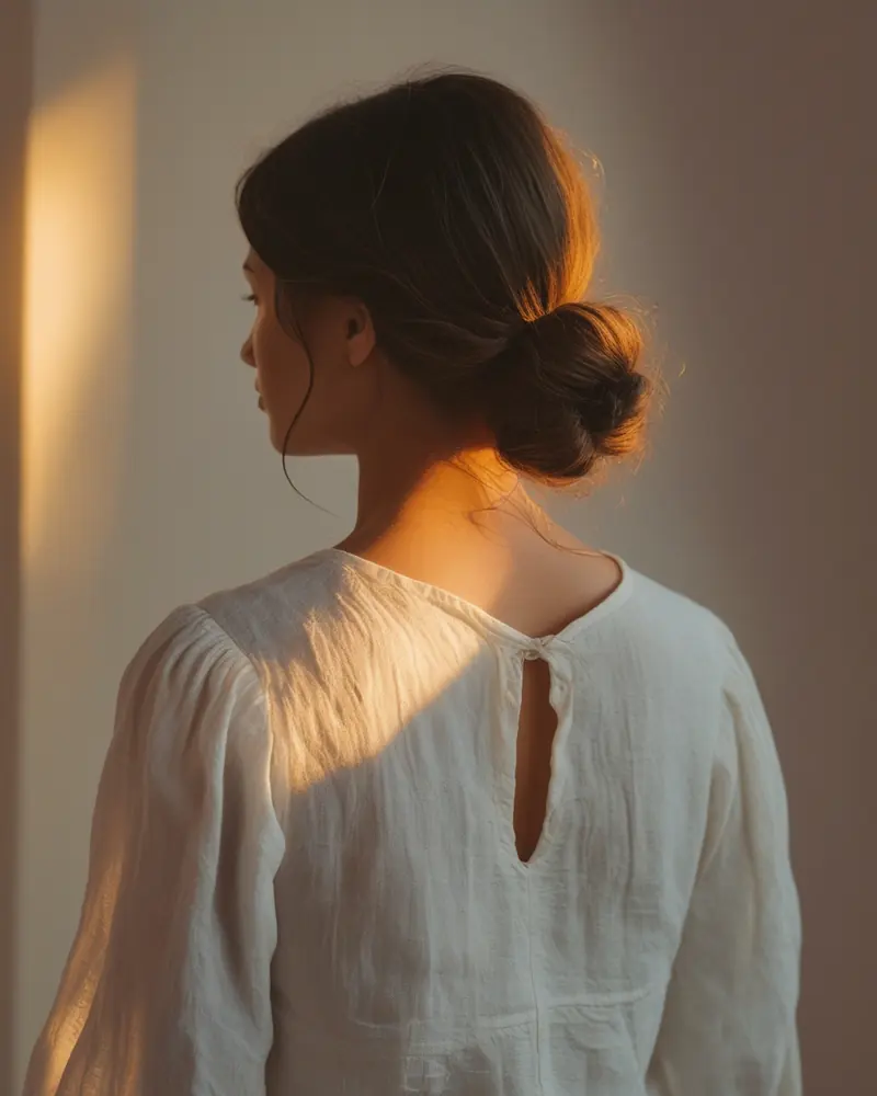 Costas de uma mulher de blusa branca sob luz dourada (imagem ilustrativa)
