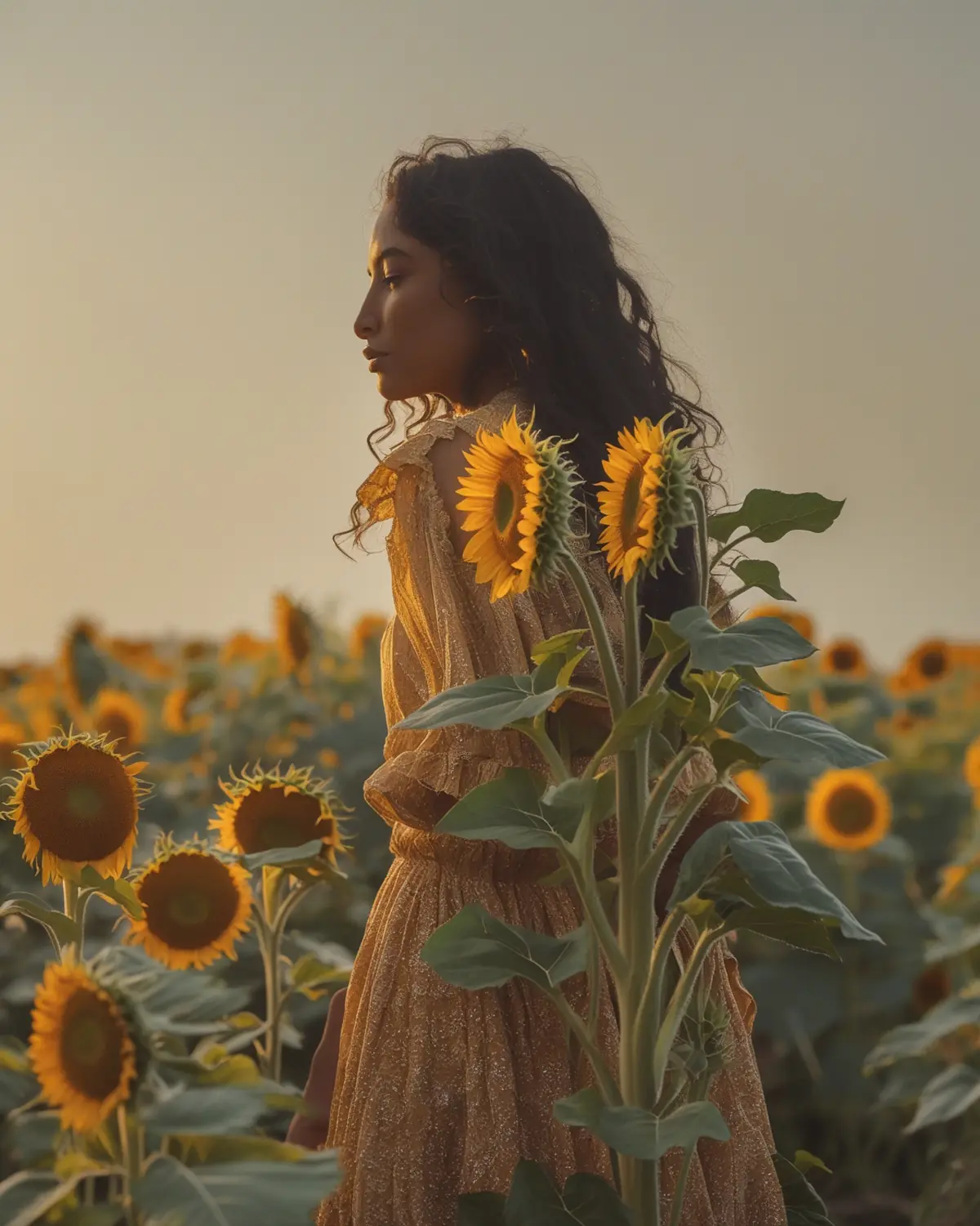 Mulher em um campo de girassóis ao entardecer, em luz dourada (imagem ilustrativa)